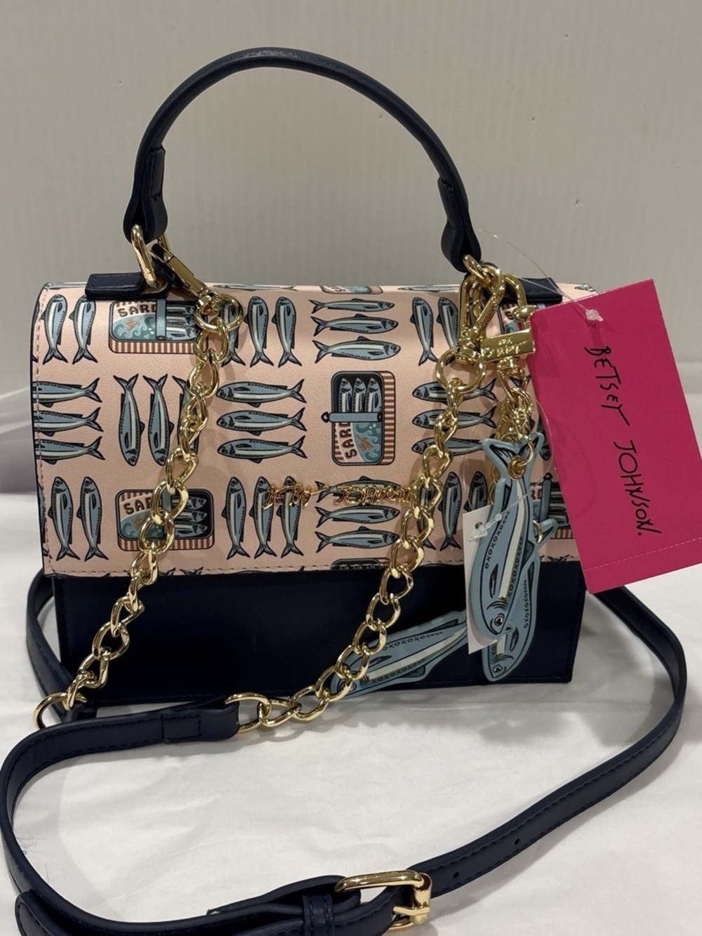Betsey Johnson Pink & Navy Printed Top-Handle Crossbody Bag